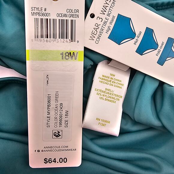 Anne Cole Womans size 18W Convertible High Waist Shirred Bikini bottom Green NEW - Picture 6 of 7